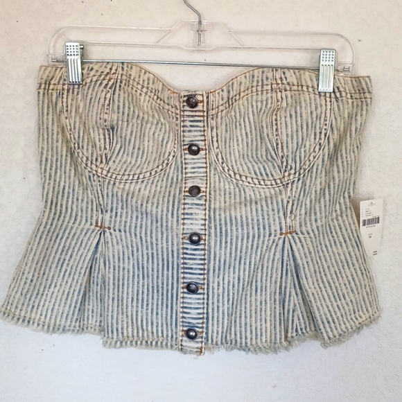 SOLD   HOST PICK ☆Anthropologie Denim Peplum Corset Top,  Blue Stripe - Picture 4 of 11